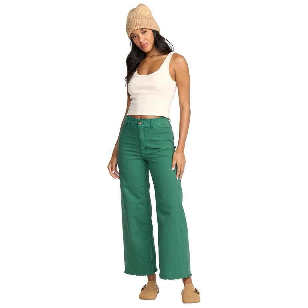 Billabong Free Fall High Waisted Wide Leg Raw Hem Twill Pants Green 27 - Picture 1 of 10